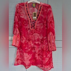 NWT Pink/Coral Embroidered Sleeves & Embellished Neck Women's Sheer Tunic M Boho